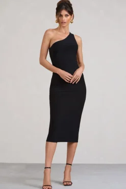 Vineyard | Black Asymmetric Backless Bodycon Midi Dress
