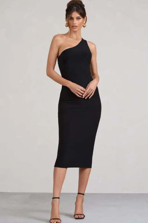 Vineyard | Black Asymmetric Backless Bodycon Midi Dress