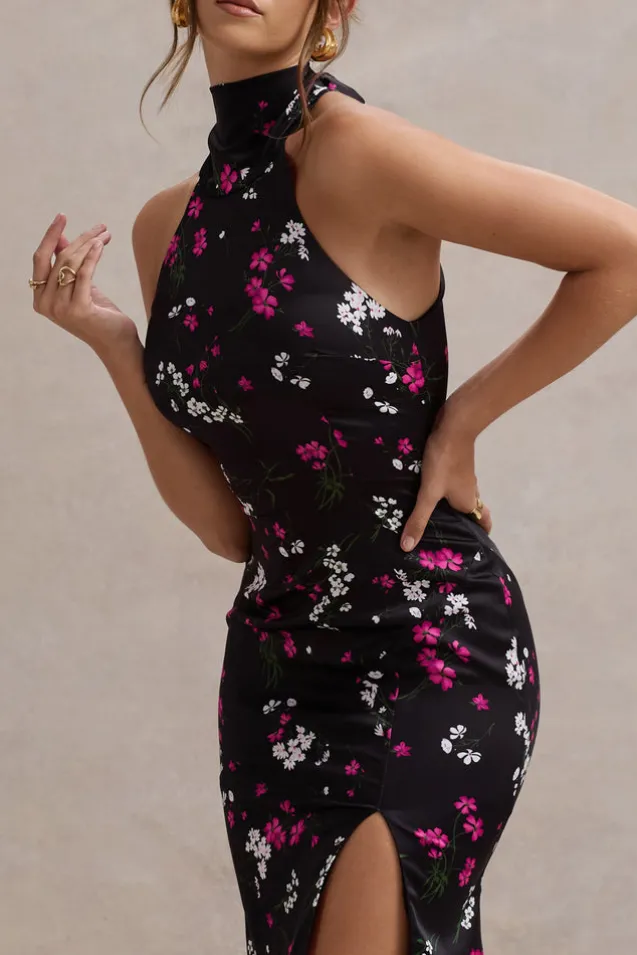 Violette | Black Ditsy Floral Print Satin High-Neck Split Midi Dress