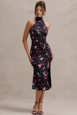 Violette | Black Ditsy Floral Print Satin High-Neck Split Midi Dress