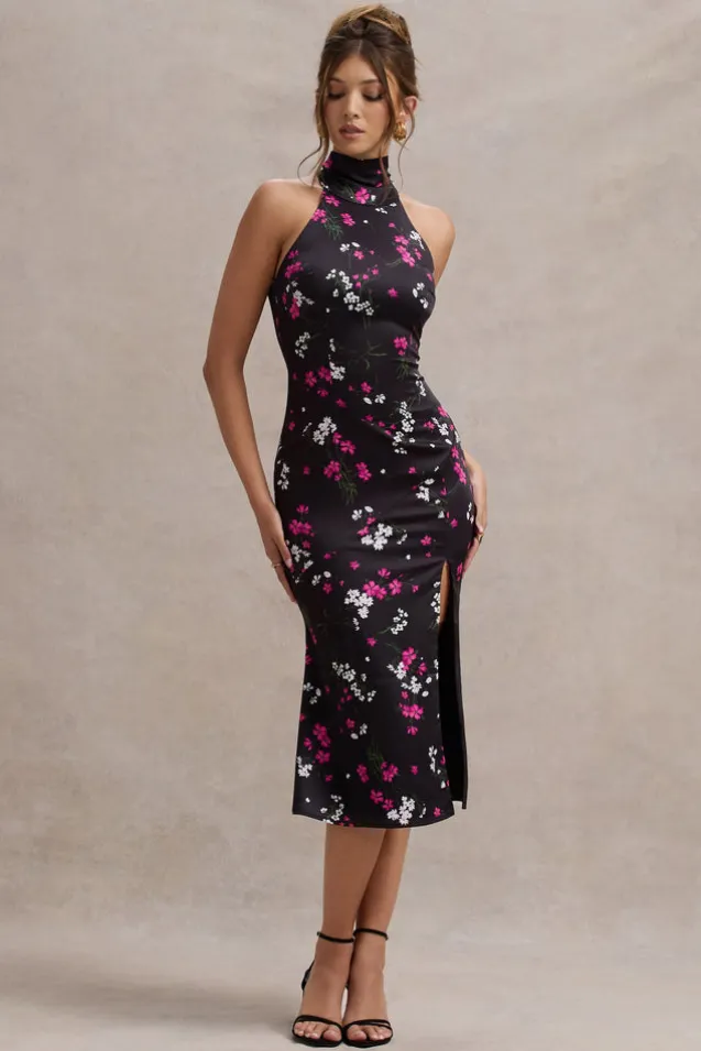 Violette | Black Ditsy Floral Print Satin High-Neck Split Midi Dress