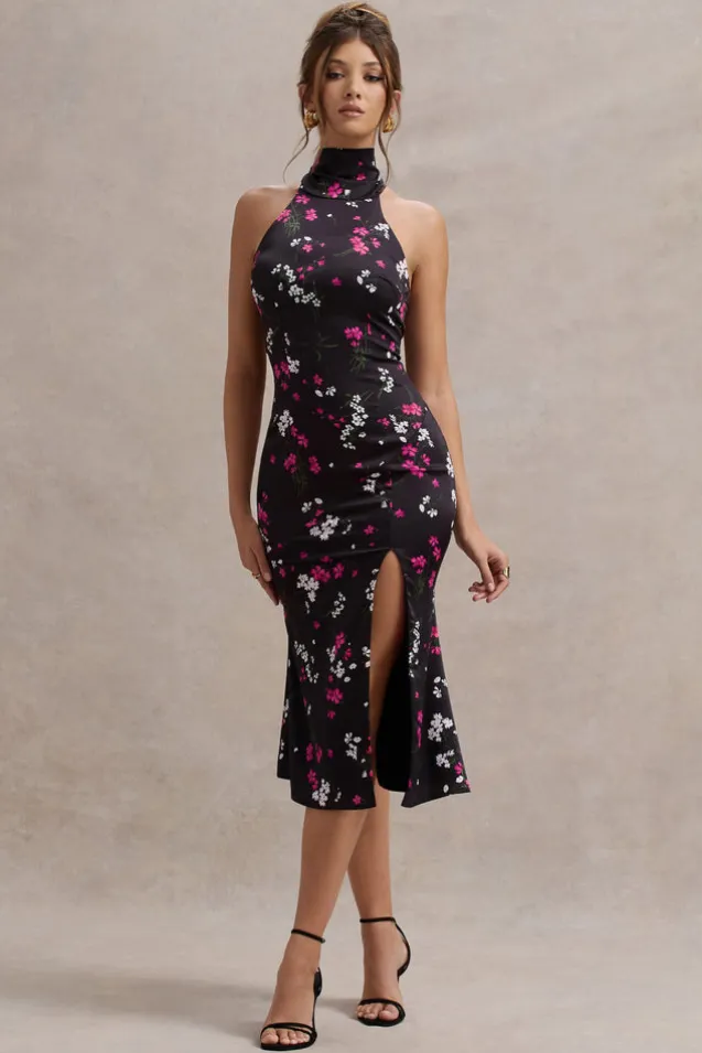 Violette | Black Ditsy Floral Print Satin High-Neck Split Midi Dress