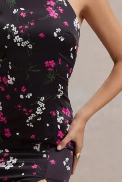 Violette | Black Ditsy Floral Print Satin High-Neck Split Midi Dress