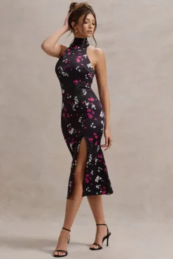 Violette | Black Ditsy Floral Print Satin High-Neck Split Midi Dress