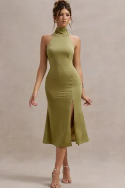 Violette | Olive Satin High-Neck Split Midi Dress