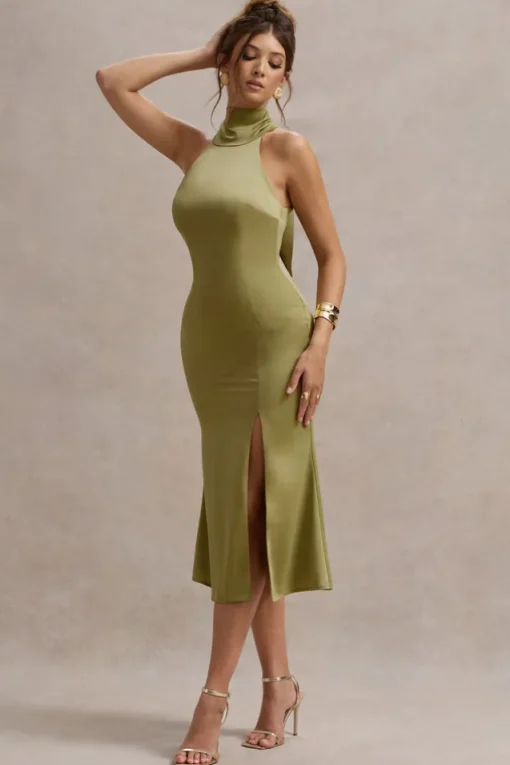 Violette | Olive Satin High-Neck Split Midi Dress