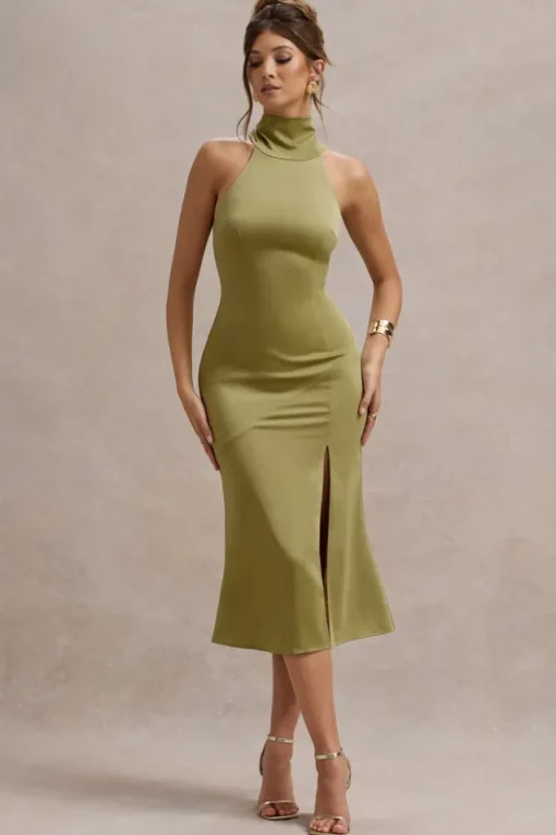 Violette | Olive Satin High-Neck Split Midi Dress