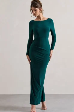 Virgo | Bottle Green Cowl-Back Long-Sleeve Split Maxi Dress