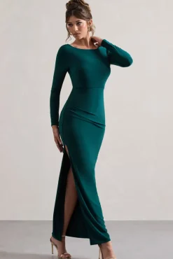 Virgo | Bottle Green Cowl-Back Long-Sleeve Split Maxi Dress