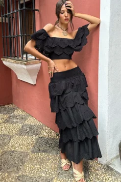 Vista | Black Broderie Ruffled Tiered Maxi Skirt