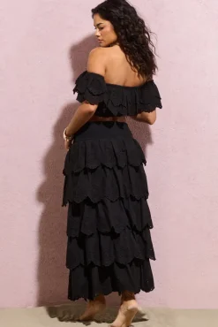 Vista | Black Broderie Ruffled Tiered Maxi Skirt