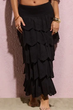 Vista | Black Broderie Ruffled Tiered Maxi Skirt