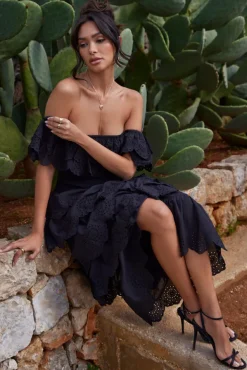 Vista | Black Broderie Ruffled Tiered Maxi Skirt