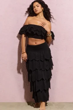 Vista | Black Broderie Ruffled Tiered Maxi Skirt