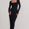 Viva | Black Square-Neck Long-Sleeve Maxi Dress