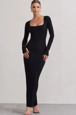 Viva | Black Square-Neck Long-Sleeve Maxi Dress