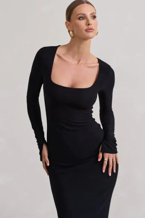 Viva | Black Square-Neck Long-Sleeve Maxi Dress
