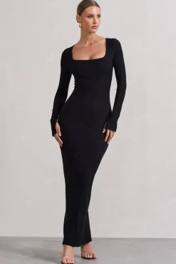 Viva | Black Square-Neck Long-Sleeve Maxi Dress