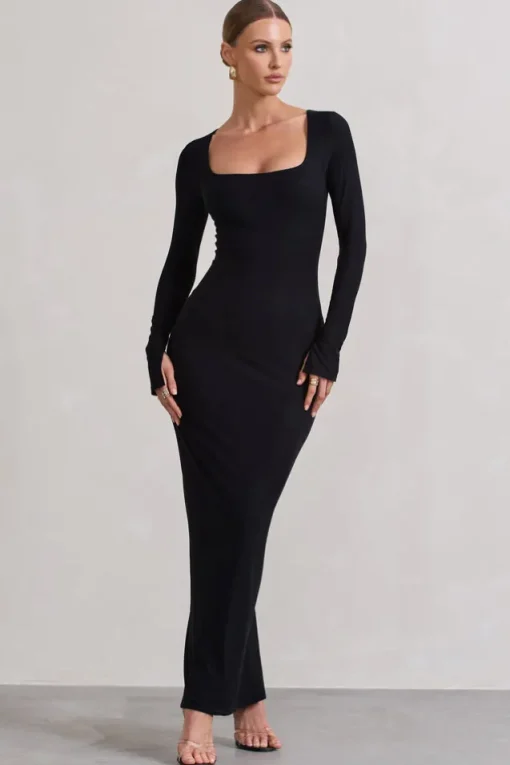 Viva | Black Square-Neck Long-Sleeve Maxi Dress