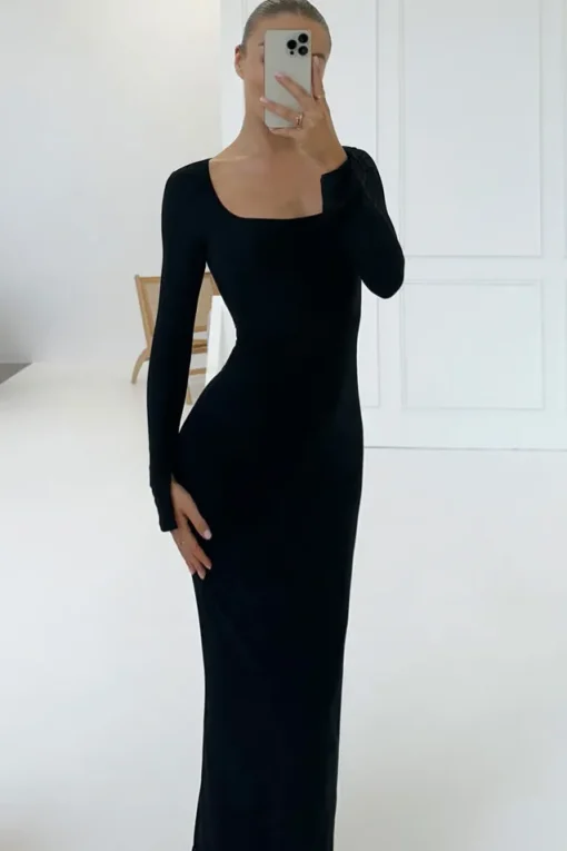 Viva | Black Square-Neck Long-Sleeve Maxi Dress