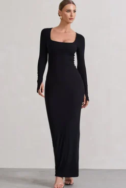 Viva | Black Square-Neck Long-Sleeve Maxi Dress