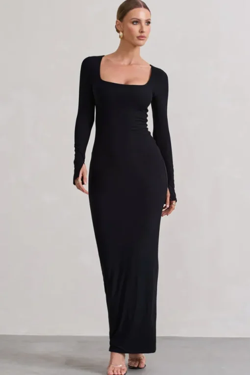 Viva | Black Square-Neck Long-Sleeve Maxi Dress
