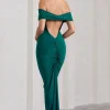 Vivienne | Bottle Green Bardot Open-Back Maxi Dress