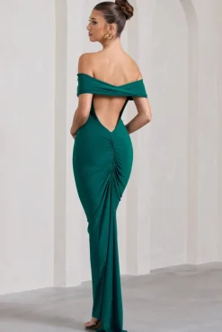 Vivienne | Bottle Green Bardot Open-Back Maxi Dress