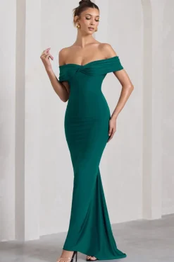 Vivienne | Bottle Green Bardot Open-Back Maxi Dress
