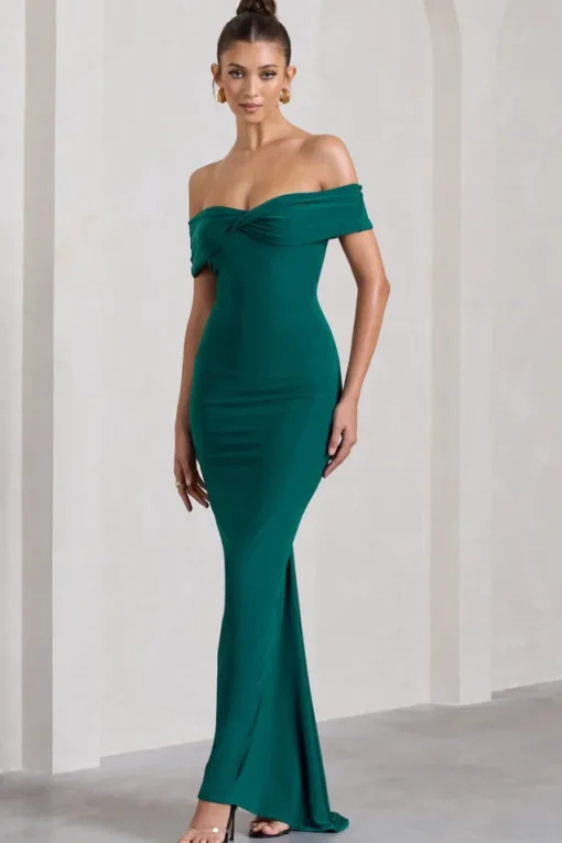 Vivienne | Bottle Green Bardot Open-Back Maxi Dress