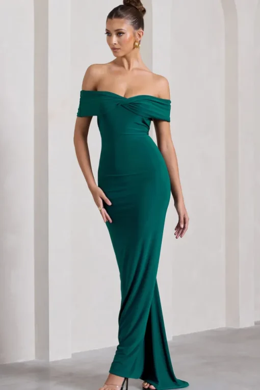 Vivienne | Bottle Green Bardot Open-Back Maxi Dress