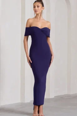 Vivienne | Purple Bardot Open-Back Maxi Dress