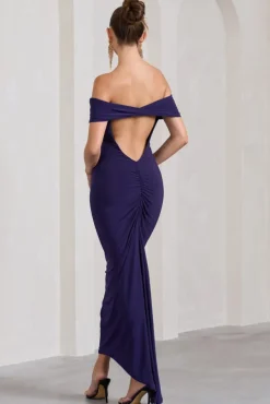 Vivienne | Purple Bardot Open-Back Maxi Dress