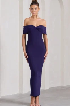 Vivienne | Purple Bardot Open-Back Maxi Dress