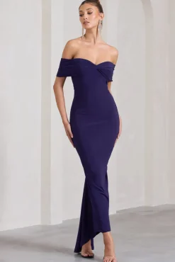 Vivienne | Purple Bardot Open-Back Maxi Dress