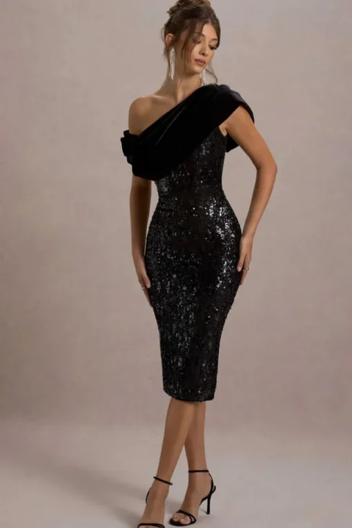 Volute | Black Sequin One-Shoulder Draped Midi Dress