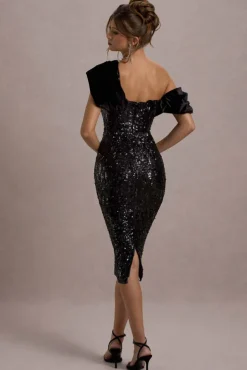 Volute | Black Sequin One-Shoulder Draped Midi Dress