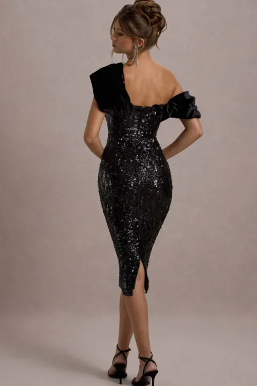 Volute | Black Sequin One-Shoulder Draped Midi Dress