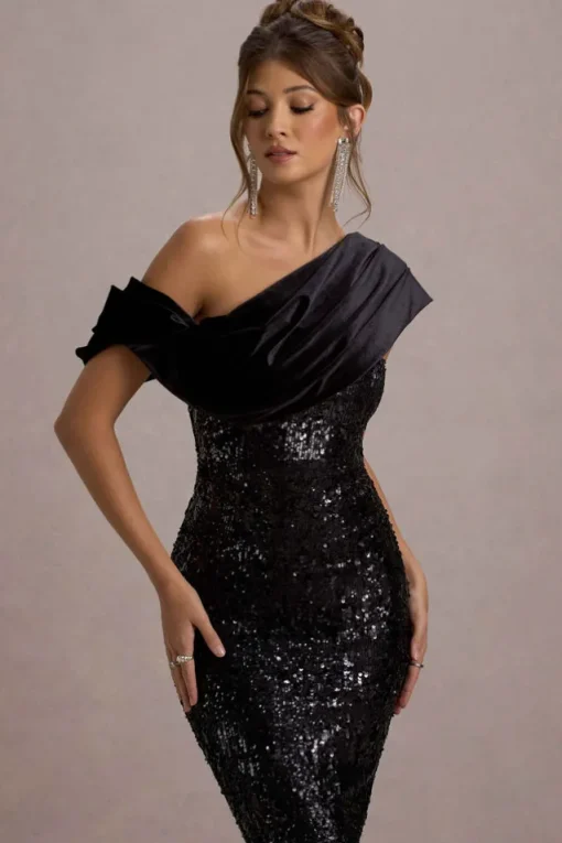 Volute | Black Sequin One-Shoulder Draped Midi Dress