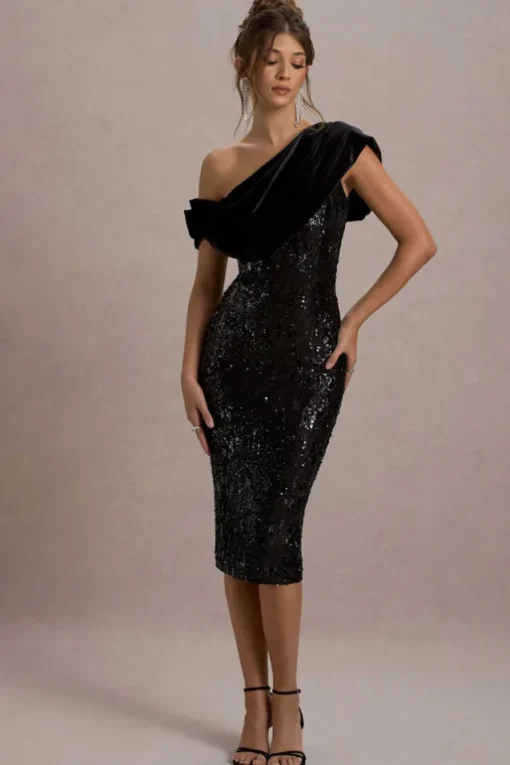 Volute | Black Sequin One-Shoulder Draped Midi Dress