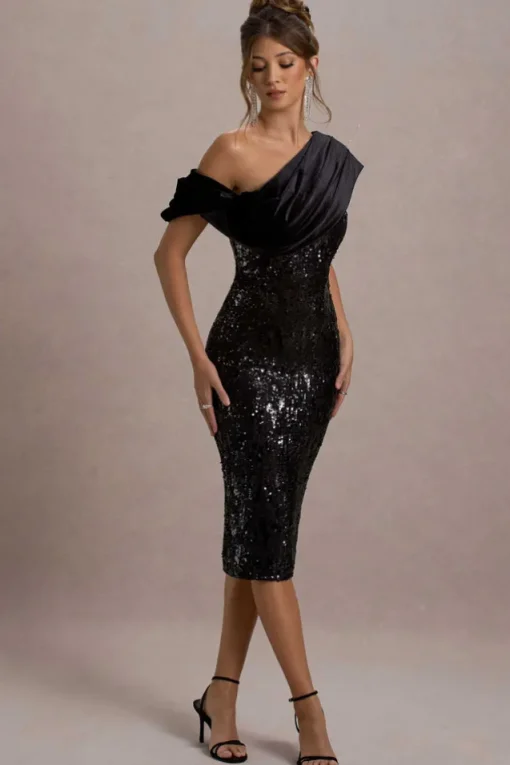 Volute | Black Sequin One-Shoulder Draped Midi Dress
