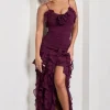 Walks Alone | Plum Ruched Strappy Split Maxi Dress With Ruffles