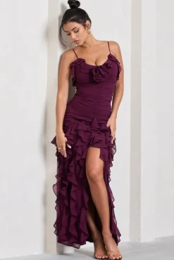 Walks Alone | Plum Ruched Strappy Split Maxi Dress With Ruffles