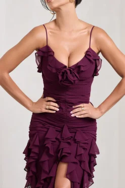 Walks Alone | Plum Ruched Strappy Split Maxi Dress With Ruffles