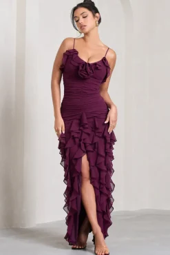 Walks Alone | Plum Ruched Strappy Split Maxi Dress With Ruffles