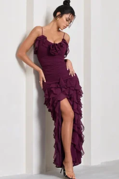 Walks Alone | Plum Ruched Strappy Split Maxi Dress With Ruffles