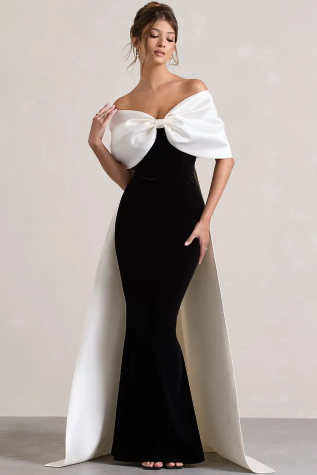 Wanting More | Black u0026 White Satin Cape Maxi Dress With Oversized Bow