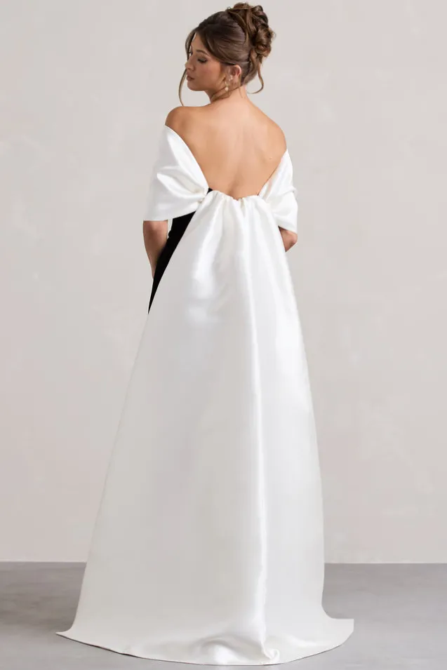 Wanting More | Black u0026 White Satin Cape Maxi Dress With Oversized Bow
