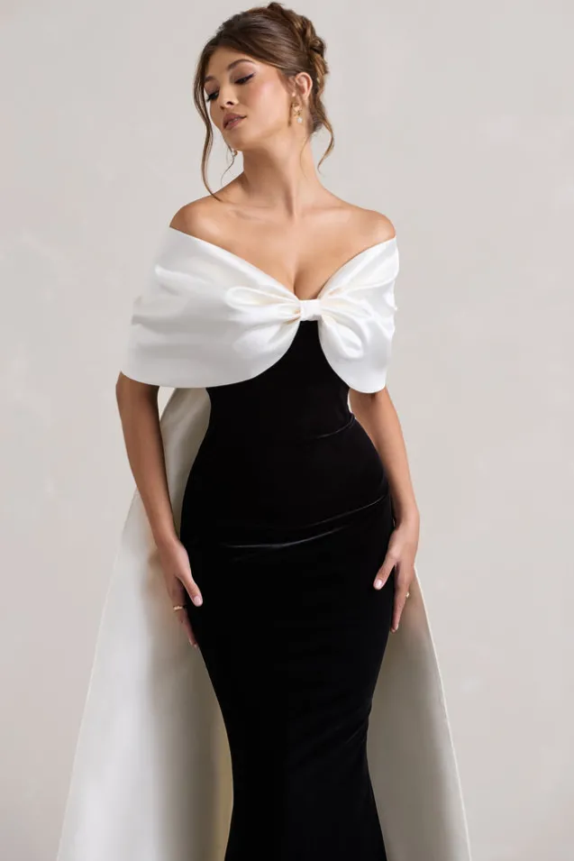 Wanting More | Black u0026 White Satin Cape Maxi Dress With Oversized Bow