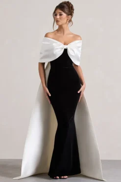 Wanting More | Black u0026 White Satin Cape Maxi Dress With Oversized Bow